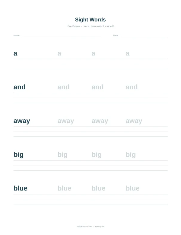 Worksheet with lines for tracing and writing the sight words 'a', 'and', 'away', 'big', and 'blue'.