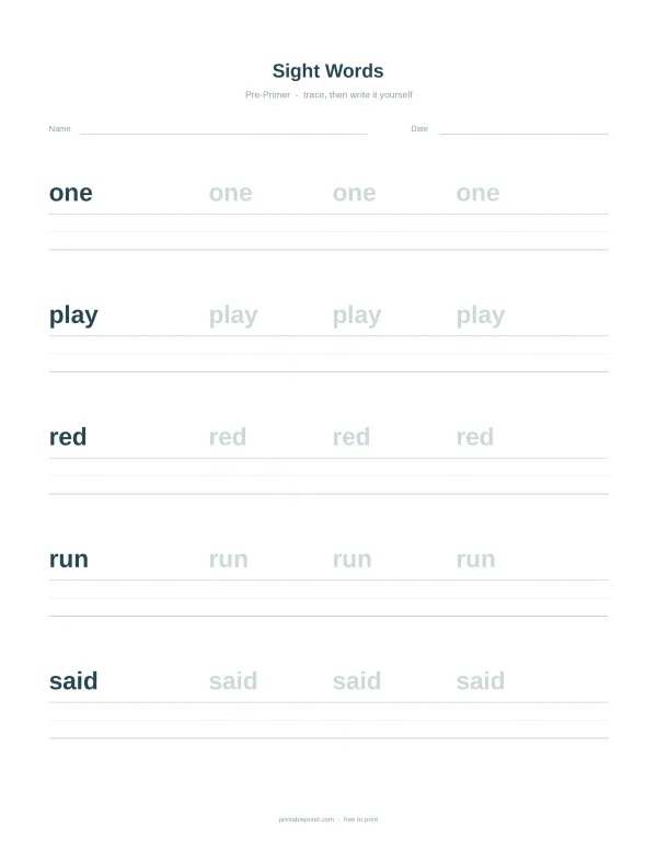 Worksheet with lines for tracing and writing sight words one, play, red, run, and said.