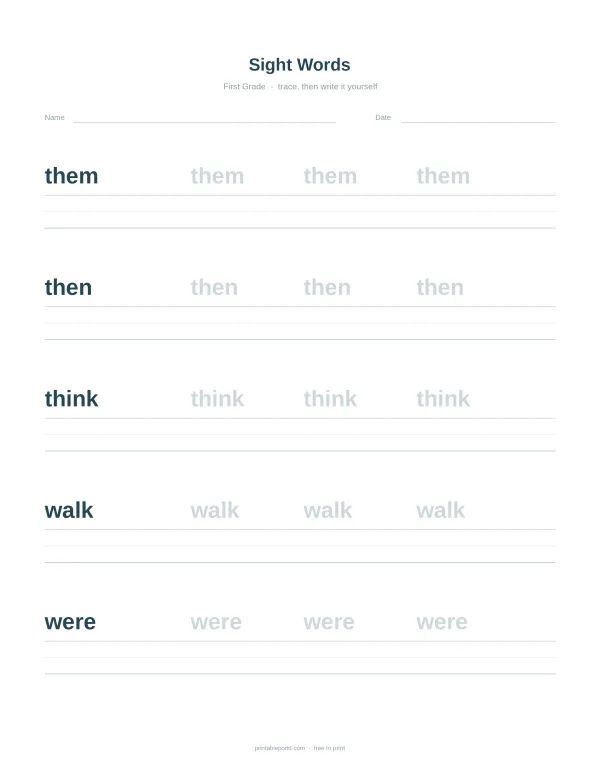 Worksheet with lines for tracing and writing the sight words them, then, think, walk, and were.