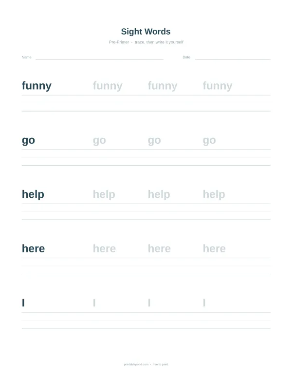 Worksheet with lines for tracing and writing the sight words funny, go, help, here, and I.