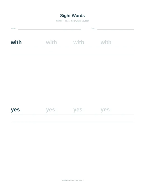 A worksheet for practicing sight words with the words 'with' and 'yes' printed multiple times for tracing.
