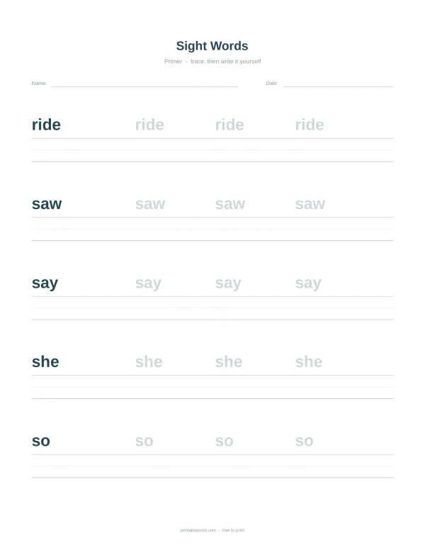 Worksheet with lines for tracing and writing the sight words ride, saw, say, she, and so.