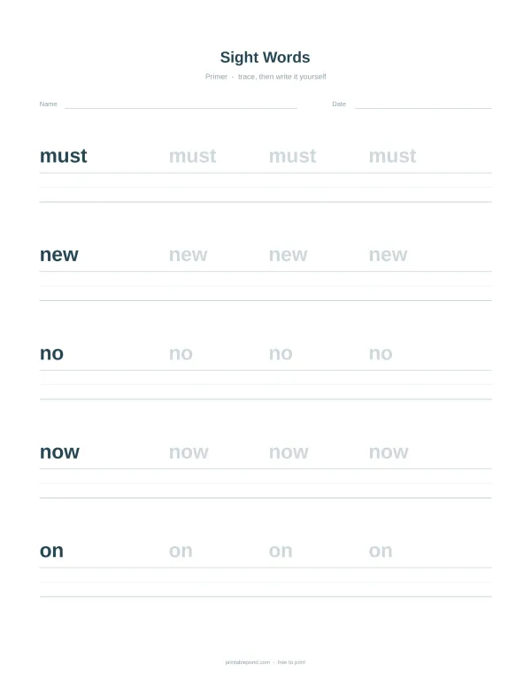 Worksheet with lines for tracing and writing the sight words must, new, no, now, and on.