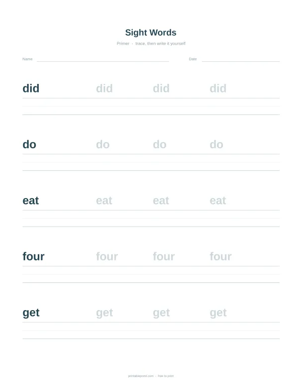Sight words worksheet with dotted lines for tracing and writing practice.