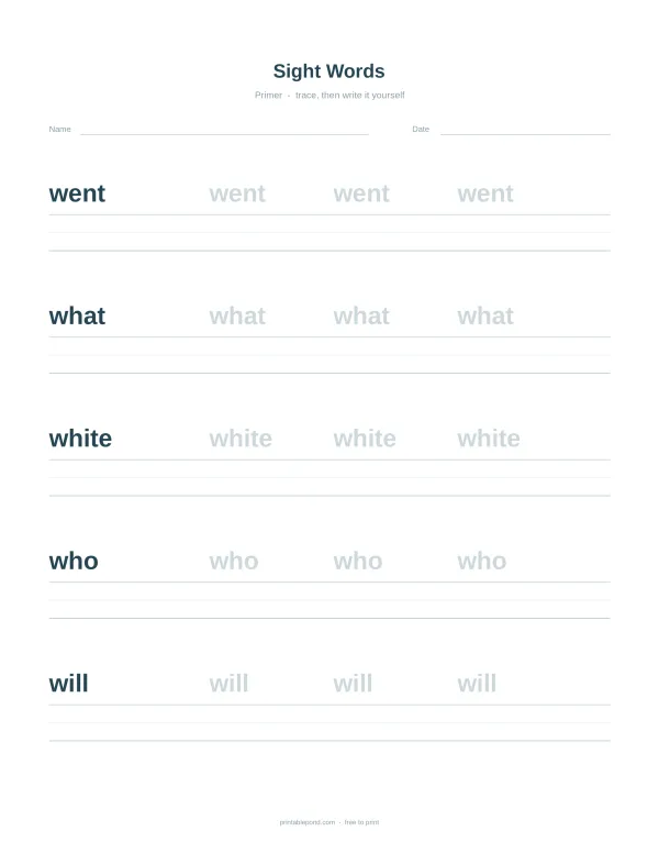 Sight words worksheet with lines for tracing and writing the words went, what, white, who, and will.