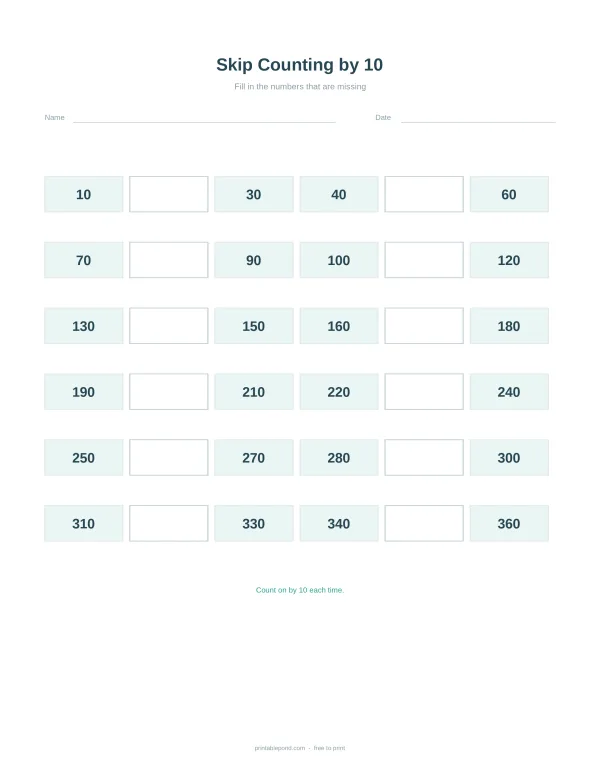 Worksheet for skip counting by 10 with boxes for filling in missing numbers.