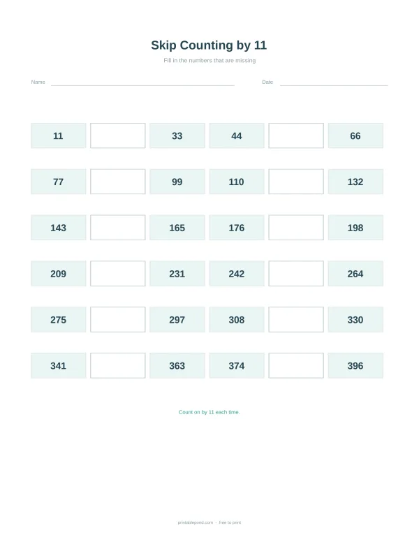 Worksheet with boxes for skip counting by 11, some numbers are filled in