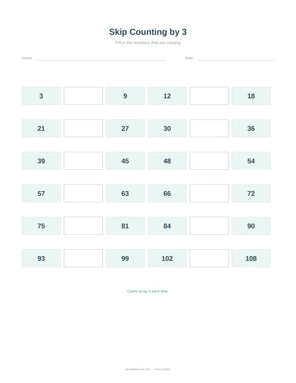 A worksheet with boxes for filling in numbers, showing sequences of numbers increasing by 3.