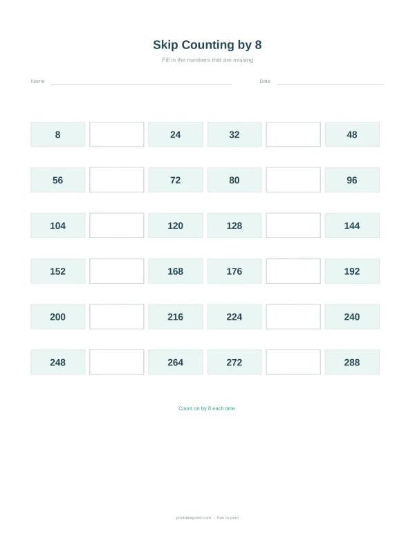 Skip counting by 8 worksheet with empty boxes to fill in numbers.