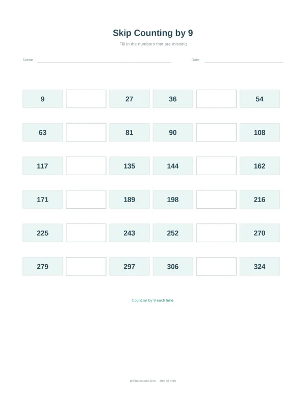 A math worksheet with boxes for skip counting by 9, with some numbers filled in and others blank.