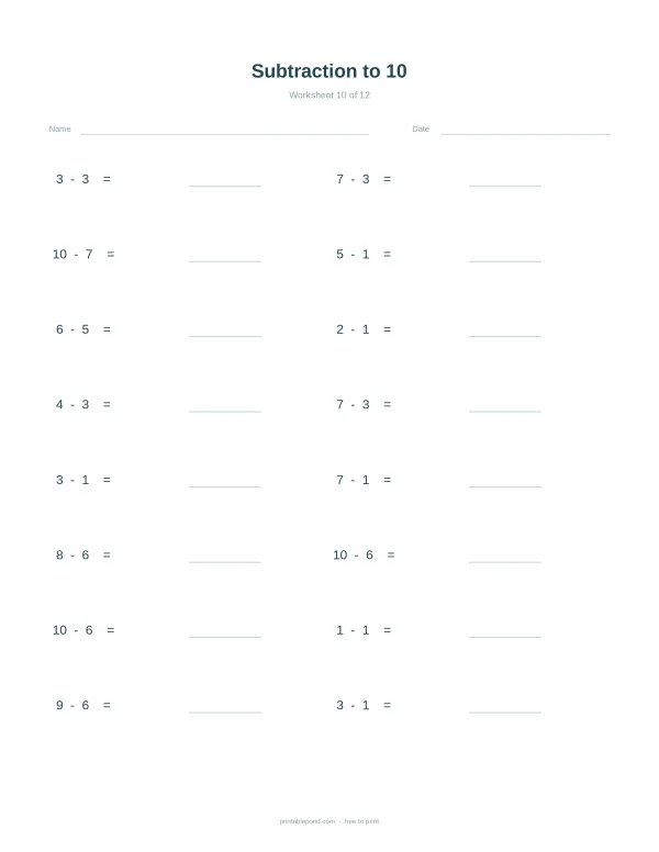 Subtraction problems up to 10 with blank lines for answers. Includes Name and Date fields.