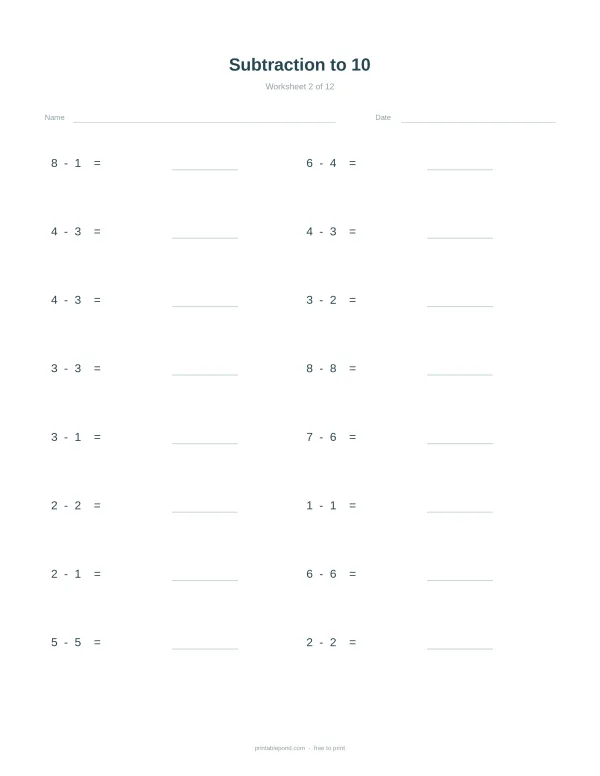 A math worksheet with simple subtraction problems for numbers up to ten, with space for answers.