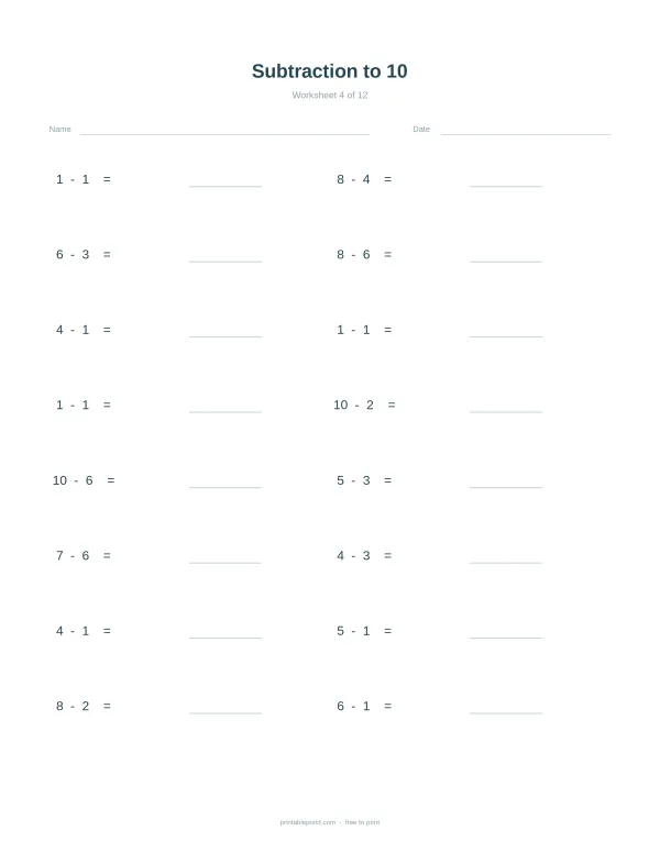 A math worksheet with subtraction problems for numbers up to ten, with spaces for answers.