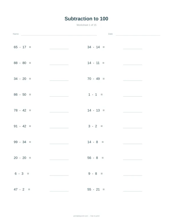 A worksheet with subtraction problems up to 100, with space for answers.