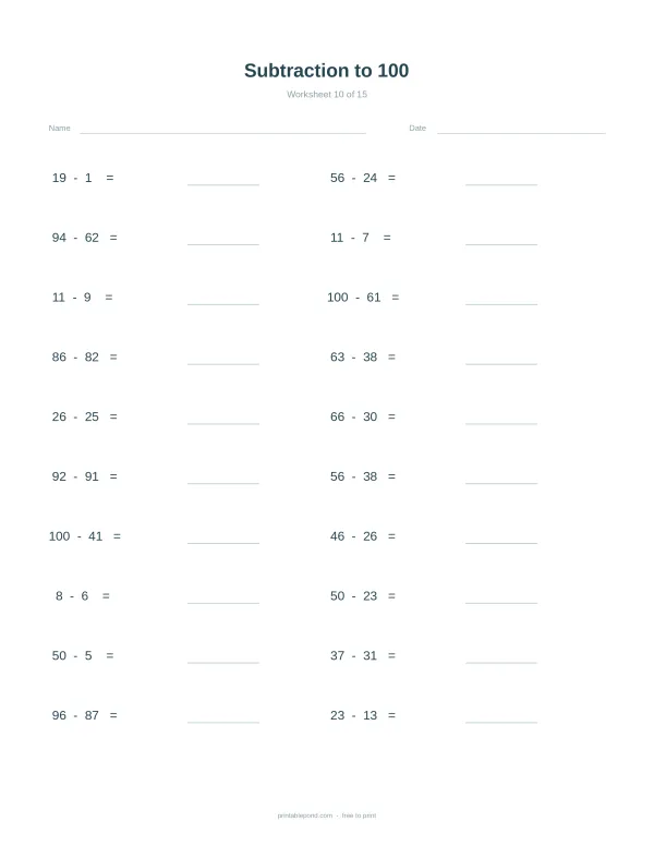 Worksheet with math problems for subtraction up to 100 with spaces to write answers.