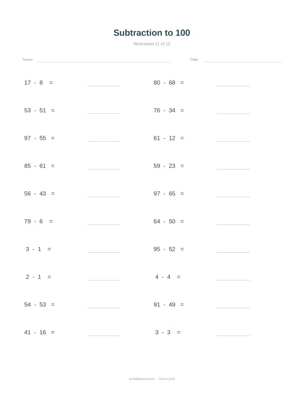 A math worksheet with subtraction problems up to 100 and blank lines for answers.