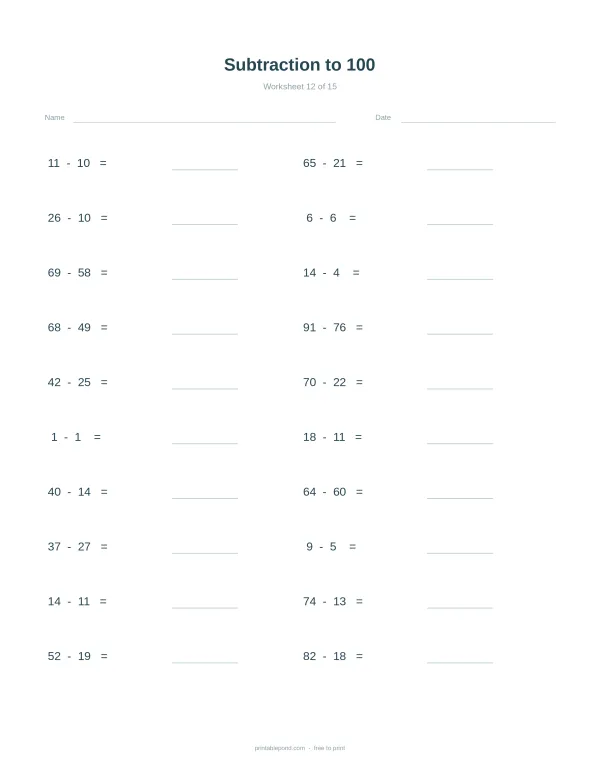 Worksheet with math problems for subtraction up to 100, with space for answers.