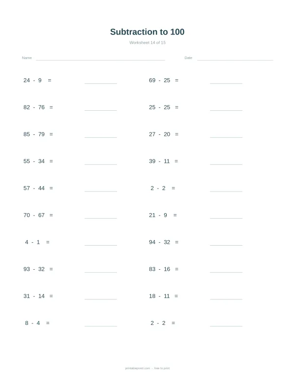 A math worksheet with columns of subtraction problems up to 100, with spaces for answers.