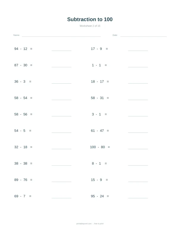 A worksheet with math problems for subtraction up to 100, with space for answers.