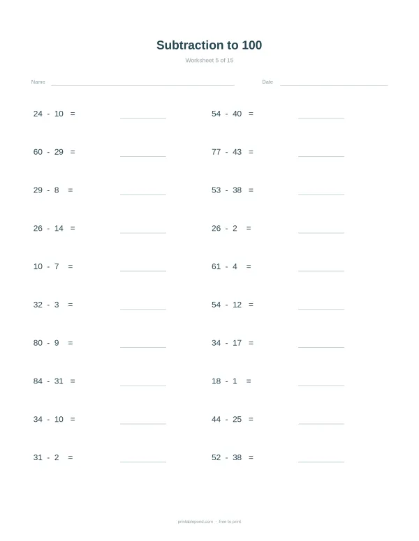 A worksheet with math problems for subtracting numbers up to 100, with space to write the answers.