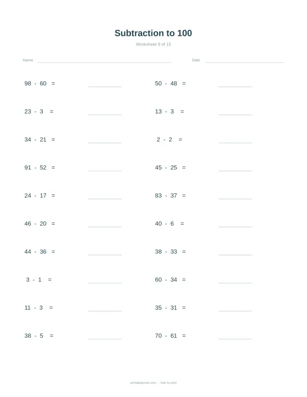 A worksheet with math problems subtracting numbers up to 100 with blank spaces for answers.