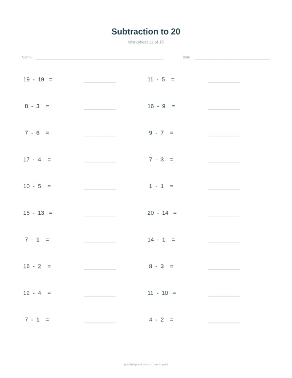 A worksheet with math problems for subtraction up to 20 and lines for answers.