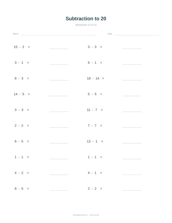Subtraction problems up to 20, with spaces for answers, labeled Worksheet 12.
