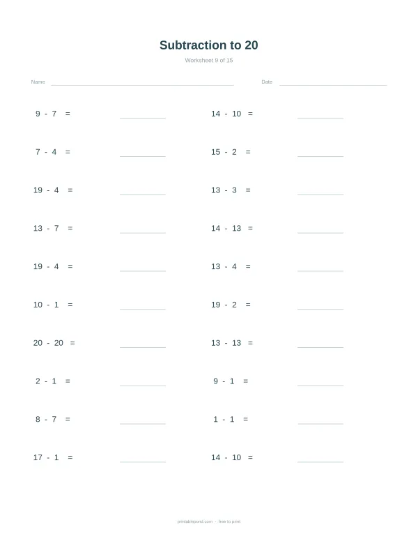 A math worksheet with columns of subtraction problems up to 20, with space for answers.