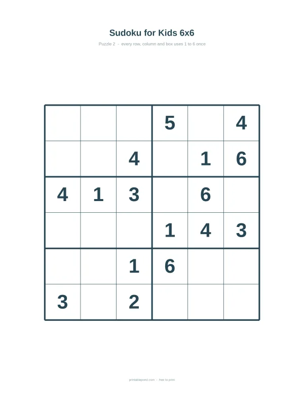 A 6x6 grid with numbers partially filled in for a Sudoku puzzle for kids.