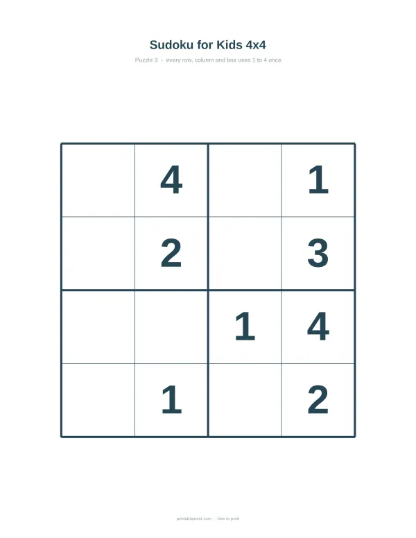 A 4x4 grid with numbers filled in for a Sudoku puzzle for children.