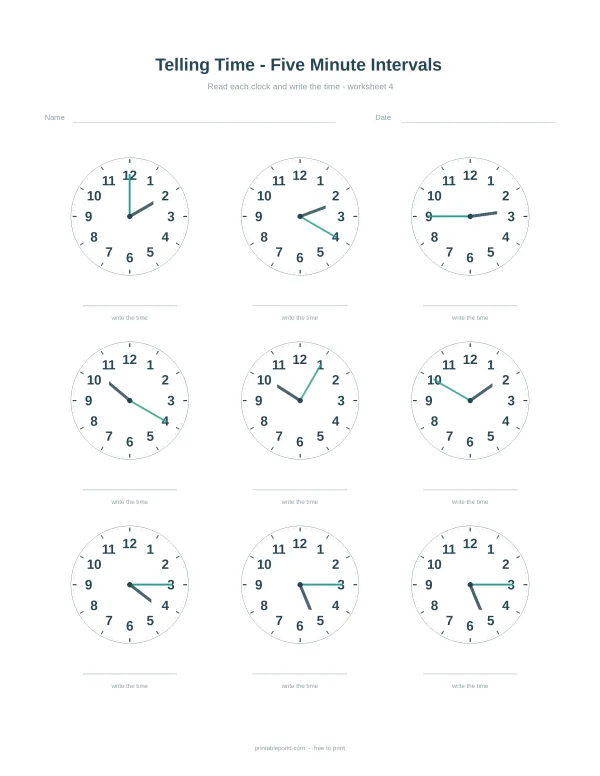 Telling the time worksheet with analogue clocks five minutes