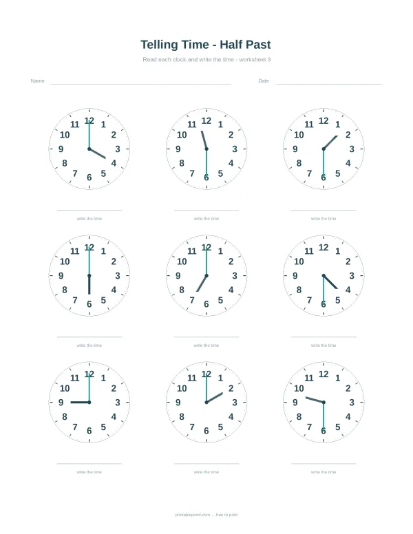 Nine analog clocks showing different times, with space below each to write the time.