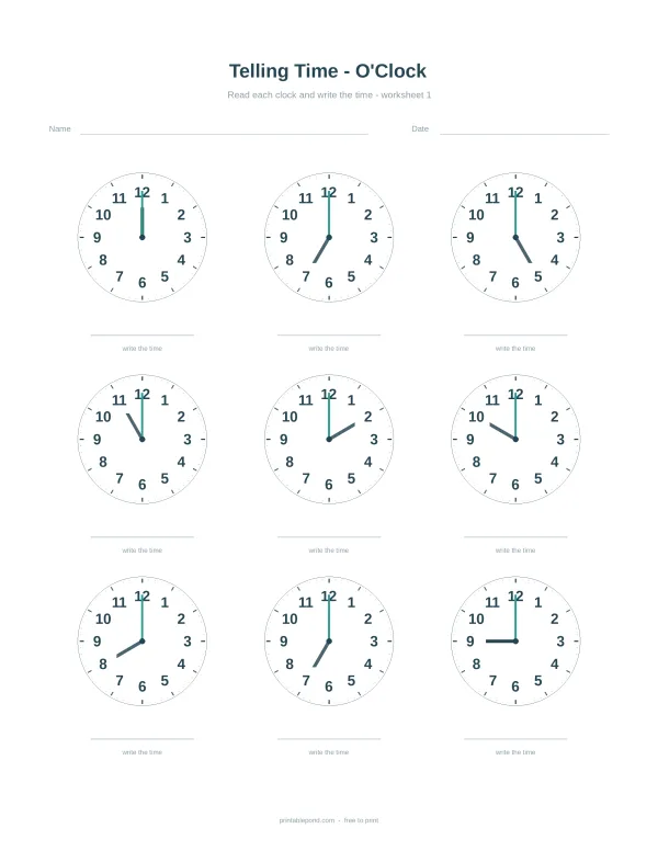 Nine analog clocks with hour hands pointing to the hour, with space to write the time below each clock.