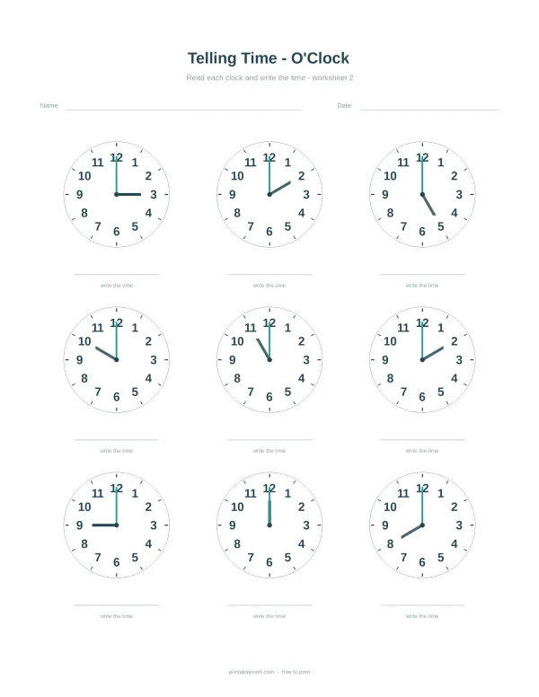 Nine analog clocks showing different times on the hour for practicing telling time.