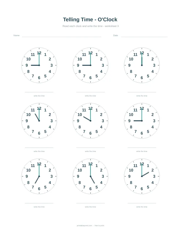 Worksheet with nine clock faces showing various o'clock times for children to read.