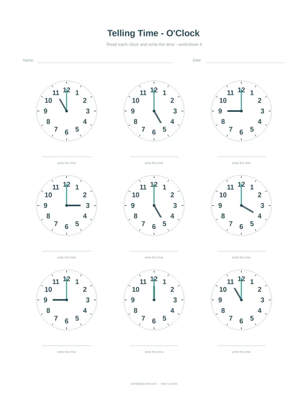 Nine analog clocks showing different times for o'clock on a worksheet.