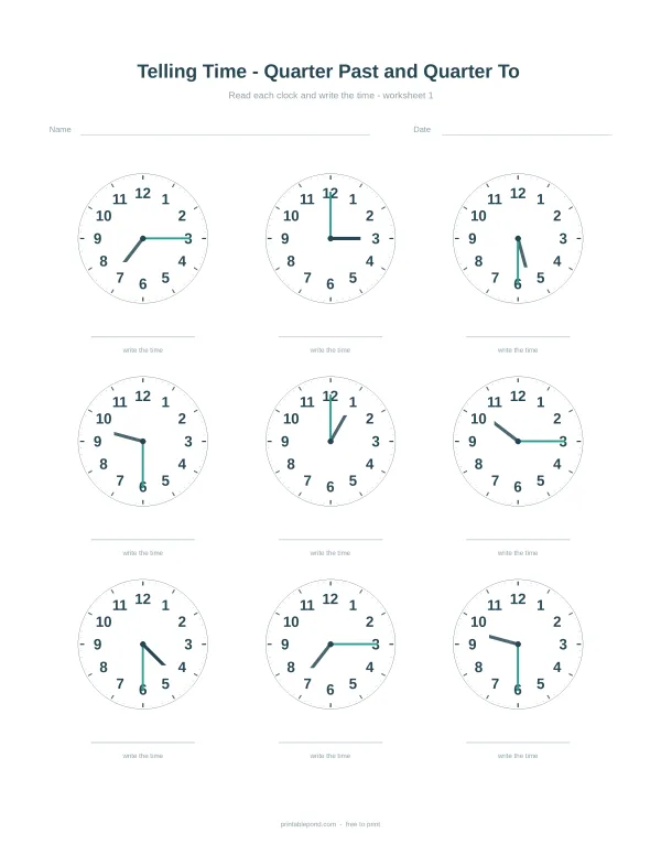 Telling the time worksheet with analogue clocks quarter hours