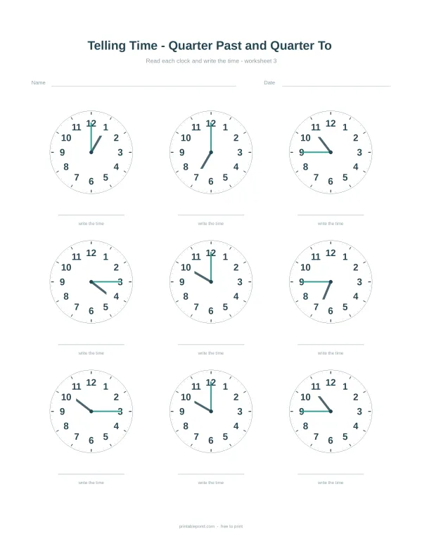 Telling the time worksheet with analogue clocks quarter hours