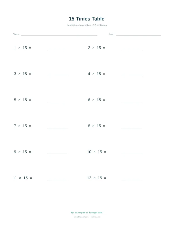 A worksheet with 12 multiplication problems for the 15 times table, with space for answers.