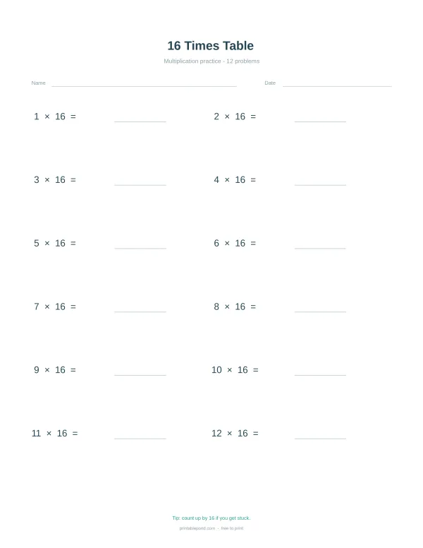 A worksheet with 12 multiplication problems focusing on the 16 times table with space for answers.