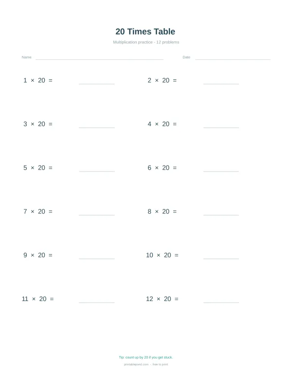 A multiplication worksheet with 12 problems for the 20 times table, including space for name and date.