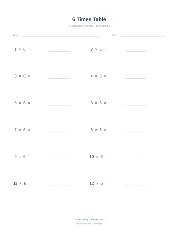 A multiplication worksheet with 12 problems for the 6 times table, with space for answers.
