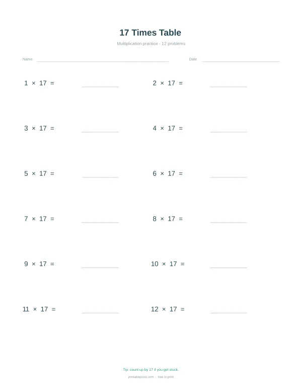 A multiplication worksheet with 12 problems for the 17 times table, with spaces for answers.