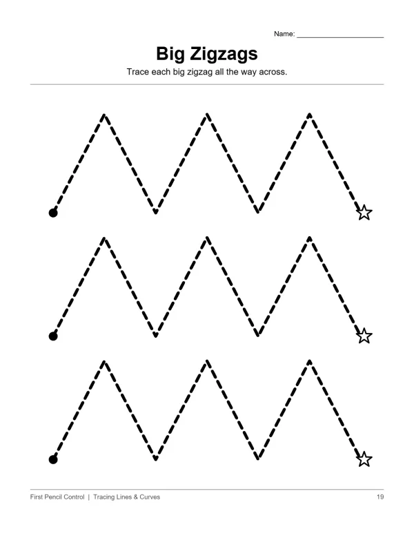 Three rows of dashed zigzag lines with a black dot at the start and a star at the end.