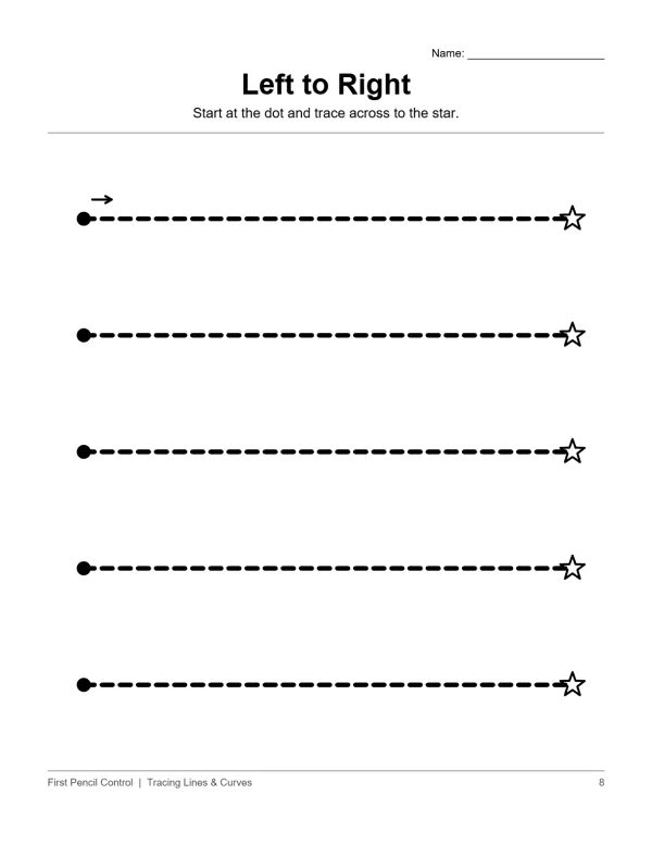 Dotted horizontal lines starting with a solid dot and ending with a star for tracing.