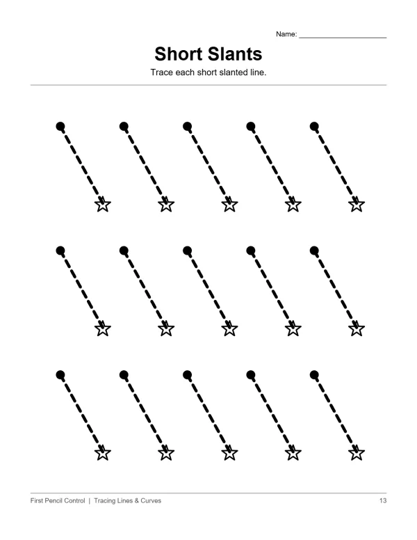 Dashed slanted lines with a dot at the top and a star at the bottom for tracing practice.