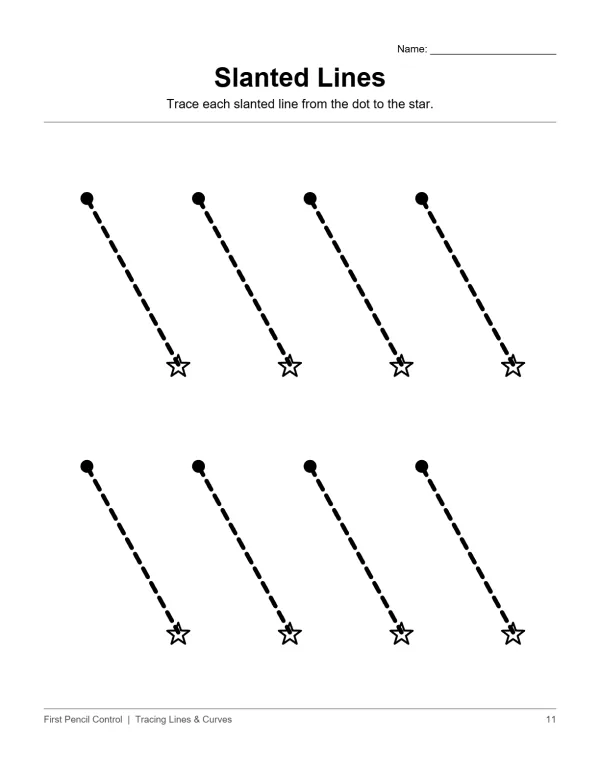 Dashed slanted lines connect dots to stars, with spaces to trace each line.