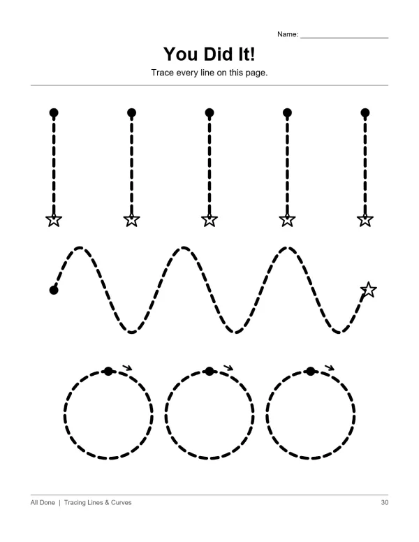 Worksheet with dashed vertical lines ending in stars, wavy lines, and circles with arrows.