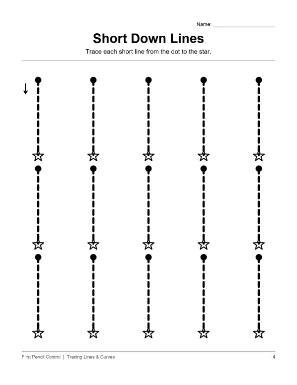 Worksheet with rows of dashed vertical lines connecting dots to stars for tracing practice.