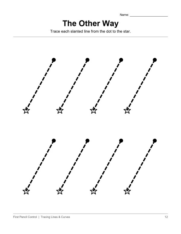 Eight dashed slanted lines connect dots to stars on a worksheet for tracing practice.